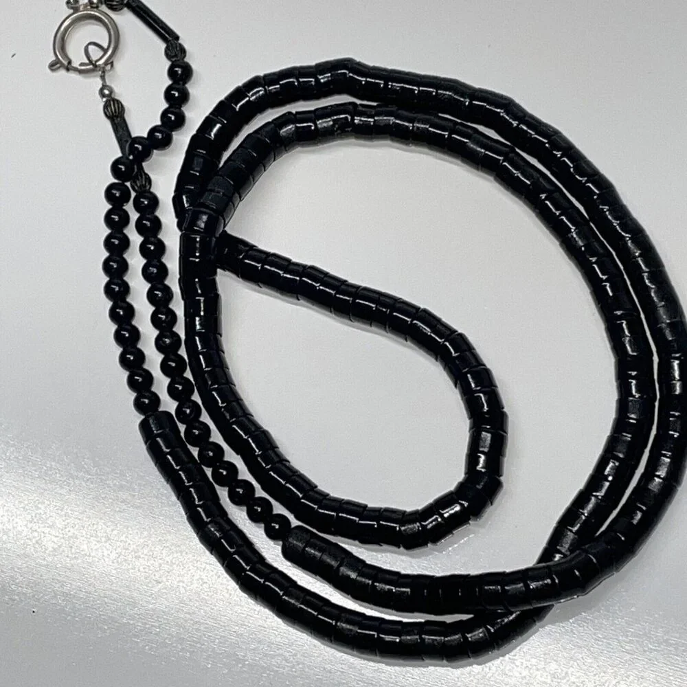 RARE Vintage‎ Black Stacked Snake Beads Long Necklace Unique!   SL17